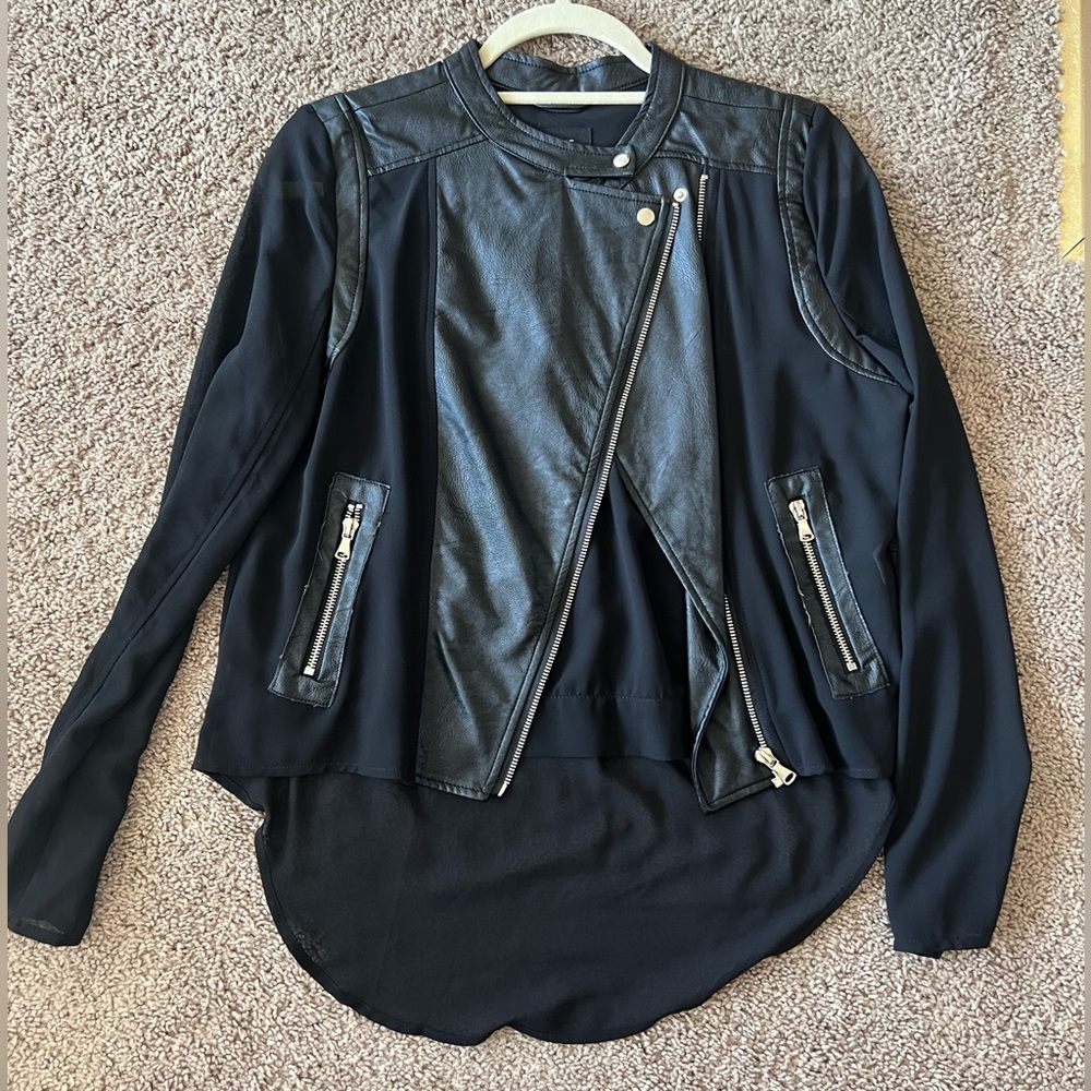 Fate black leather and sheer blouse/jacket.
